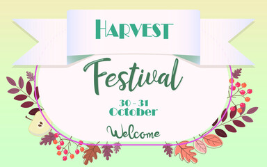 Fototapeta na wymiar Harvest Festival Template with Leaves and Handwritten Lettering. Design for Poster, Banner, Invitation, Flyer, Card.
