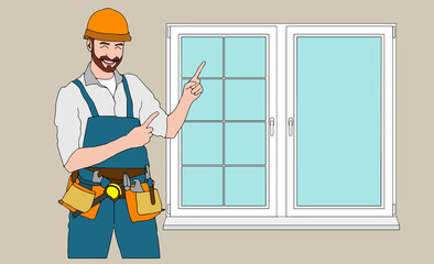 Plastic windows install and repair service. Installer worker in uniform with tools holding a new glass frame. Master installing and fixing windows in apartment. Building construction industry