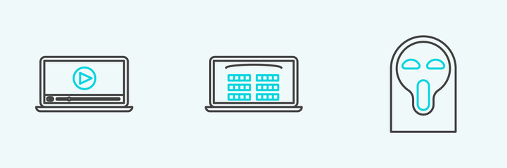 Set line Funny and scary ghost mask, Online play video and Buy cinema ticket online icon. Vector