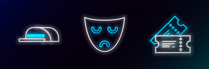 Set line Cinema ticket, Cap with inscription director and Drama theatrical mask icon. Glowing neon. Vector
