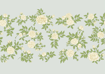Roses flowers on branches. Millefleurs trendy floral design. Seamless border pattern, linear ornament, ribbon Vector illustration. On green background