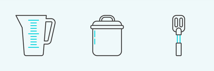Set line Spatula, Measuring cup and Cooking pot icon. Vector