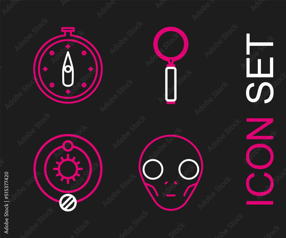 Poster Set line Extraterrestrial alien face, Solar system, Magnifying glass and Compass icon. Vector