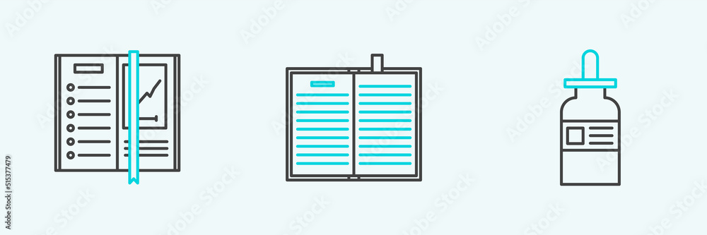 Poster set line glass bottle with a pipette, notebook and open science icon. vector