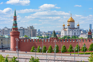 Walls and towers of Moscow Kremlin and Cathedral of Christ the Savior (Khram Khrista Spasitelya), Russia