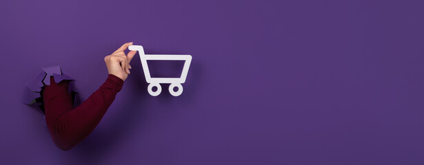 hand holding shopping cart over purple background, panoramic layout