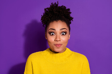 Photo of astonished satisfied girl funky grimace look camera unexpected isolated on violet color...