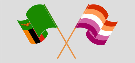 Crossed and waving flags of Zambia and Lesbian Pride