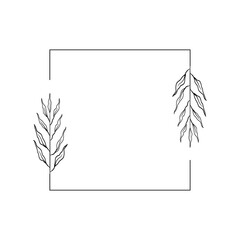Delicate square frame with sprigs of abstract plant. Floral rectangular simple border. Modern logo, geometric design, linear style. Vector illustration isolated on white background. Branches wavy long