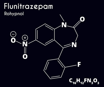 Flunitrosepam molecule isolated on black background. Recreational drug. Vector illustration.