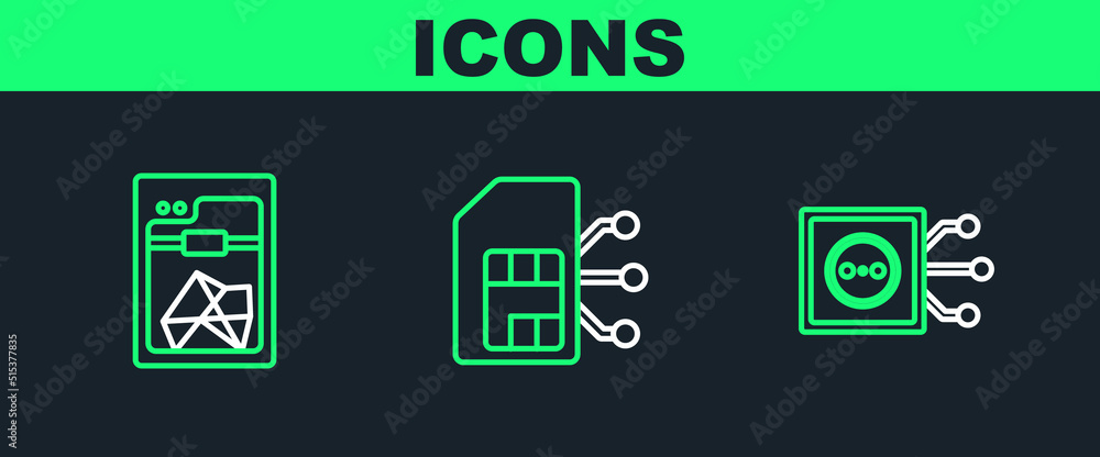 Poster set line remote control, 3d printer and sim card icon. vector
