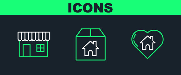 Set line House with heart shape, Shopping building or market store and Cardboard box house icon. Vector