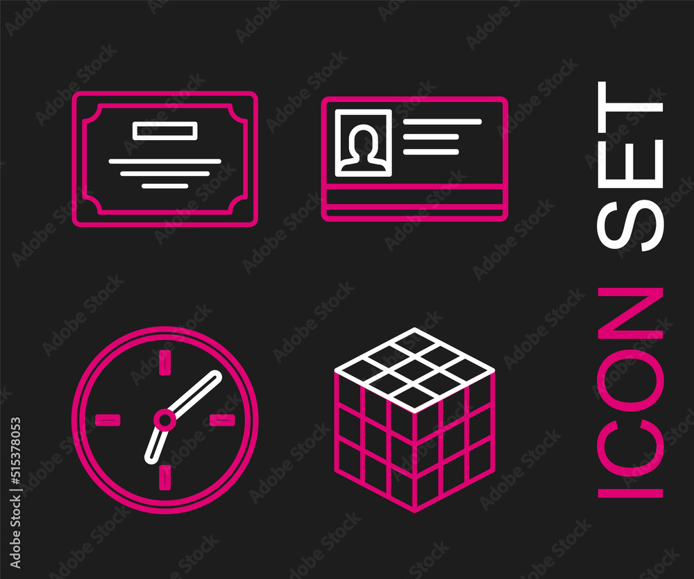 Poster set line rubik cube, clock, identification badge and certificate template icon. vector