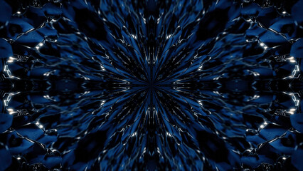 Abstract, beautiful dark blue rays coming from the center and spreading into all the sides, kaleidoscope motion background. Geometric background with symmetrical figures.