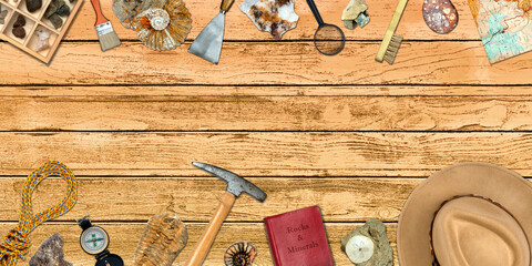 Topview of Set Fieldwork Geology Tools on Table Background