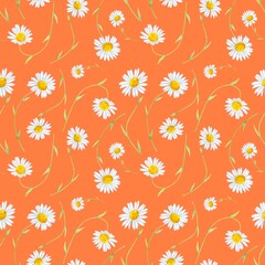 Floral seamless pattern with watercolor daisies on orange background
