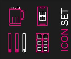 Set line Chocolate bar, Three rolled sticks of cinnamon, Smartphone with gift box and Hot chocolate cup marshmallows icon. Vector