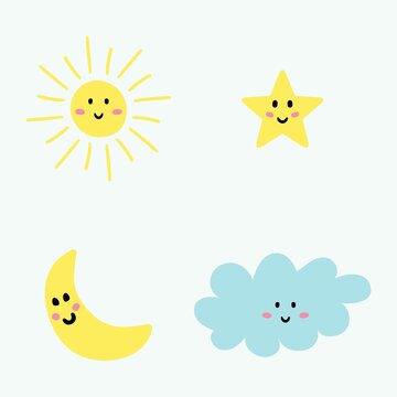 Cute smiling sun, moon, star and cloud. Collection of vector icons. Isolated weather symbols for kids fashion, nursery design, baby showers, birthdays and greeting cards. Vector File EPS10