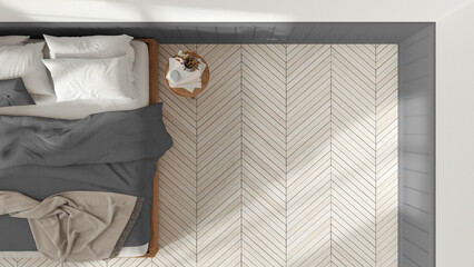 Wooden romantic bedroom in white and gray tones. Mater bed with blankets and side table. Herringbone parquet floor with copy space. Top view, plan, above. Interior design