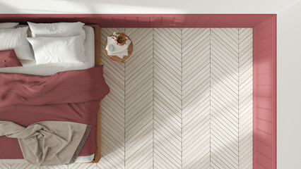 Wooden romantic bedroom in white and red tones. Mater bed with blankets and side table. Herringbone parquet floor with copy space. Top view, plan, above. Interior design