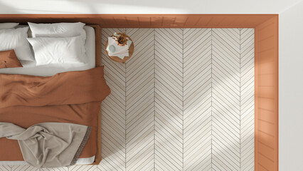 Wooden romantic bedroom in white and orange tones. Mater bed with blankets and side table. Herringbone parquet floor with copy space. Top view, plan, above. Interior design