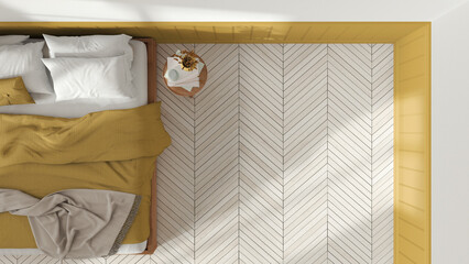 Wooden romantic bedroom in white and yellow tones. Mater bed with blankets and side table. Herringbone parquet floor with copy space. Top view, plan, above. Interior design