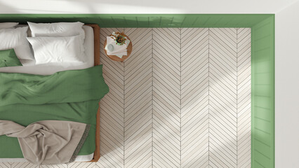 Wooden romantic bedroom in white and green tones. Mater bed with blankets and side table. Herringbone parquet floor with copy space. Top view, plan, above. Interior design