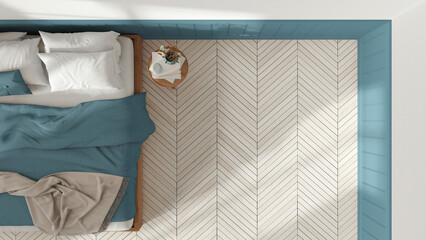 Wooden romantic bedroom in white and blue tones. Mater bed with blankets and side table. Herringbone parquet floor with copy space. Top view, plan, above. Interior design