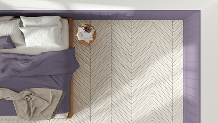 Wooden romantic bedroom in white and purple tones. Mater bed with blankets and side table. Herringbone parquet floor with copy space. Top view, plan, above. Interior design
