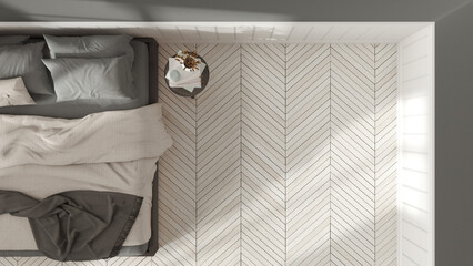 Wooden romantic bedroom in white and dark tones. Mater bed with blankets and side table. Herringbone parquet floor with copy space. Top view, plan, above. Interior design