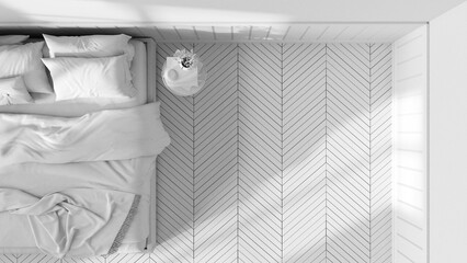 Total white project draft, wooden romantic bedroom. Mater bed with blankets and side table. Herringbone parquet floor with copy space. Top view, plan, above. Interior design