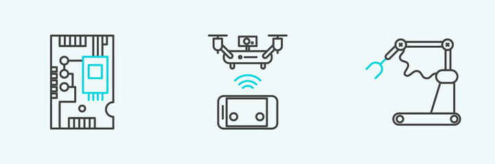 Set line Industrial machine robotic robot arm hand factory, Electronic computer components motherboard digital chip and Remote aerial drone icon. Vector