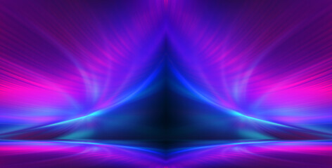 Dark abstract futuristic background. Neon glow, laser shapes, lines. Gradient blurred background. Background of an empty show scene.