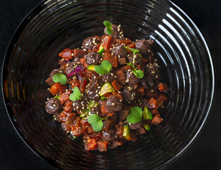 Blood sausage cream and dry cured chorizo tempered tartare