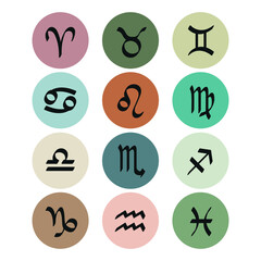 Zodiac sings  set. Horoscope and astrology black symbols icons in colorful circles on white background. Vector illustration.