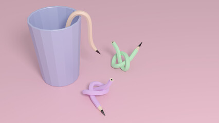 An abstract scene with pencils creeping out of a blue opaque glass. Tired of work. A yellow pencil hanging from a glass. Blue and green pencils tied in a knot. 3D render.