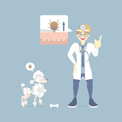 veterinary medicine and lovely animal health care with doctor and poodle dog, how to removing tick, pet pest control concept, flat vector illustration cartoon character design