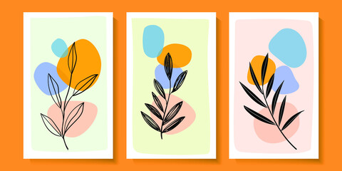 Set of abstract art nature background vector illustration. Modern shape line art botanical,tropical design.