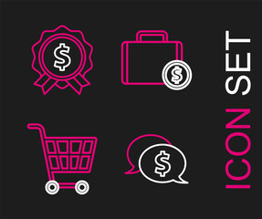 Set line Speech bubble with dollar, Shopping cart, Briefcase and money and Price tag icon. Vector