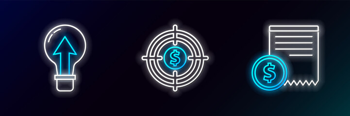 Set line Paper check and financial check, Light bulb and Target with dollar icon. Glowing neon. Vector