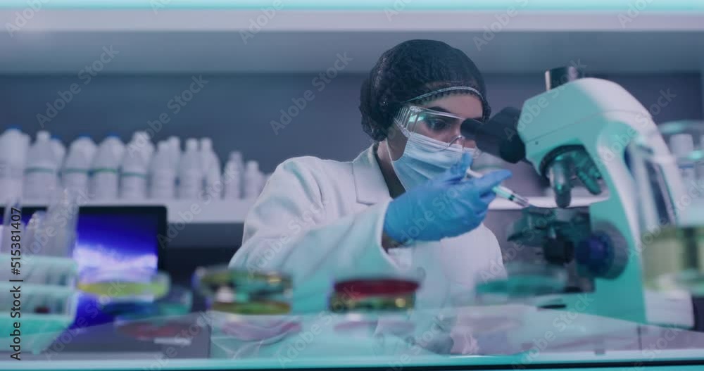Poster Female scientist modifying and mixing chemicals in a research lab. A chemist creating a cure or treatment for the coronavirus. A healthcare researcher developing a covid vaccine during the pandemic