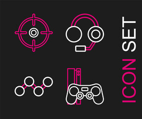 Fototapeta premium Set line Game console with joystick, Share, Headphones and Target sport icon. Vector