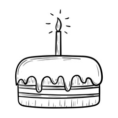 Cartoon birthday cake with icing and candle, vector isolated doodle illustration.