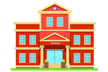 School with a green lawn. Icon.Flat vector illustration isolated on white background.High school building icon, outline vector sign, linear style pictogram isolated on white. Symbol, logo illustration