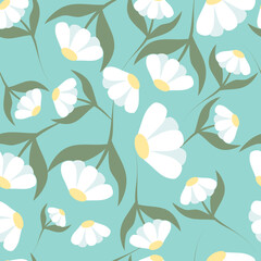 Chamomile flowers. Beautiful seamless pattern of chamomile. Suitable as a print for bed linen, shoppers, T-shirts, wrapping paper. Floral pattern. Vector illustration.