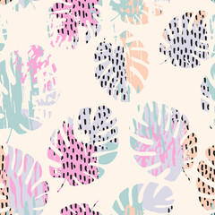 Abstract tropical leaves with texture, scribble, brush strokes background