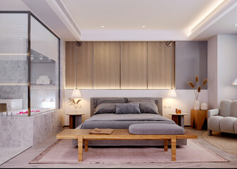3d rendering,3d illustration, Interior Scene and  Mockup,bedroom interior 3d render,headboard decorated with wood.