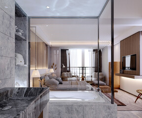 3d rendering,3d illustration, Interior Scene and  Mockup,hotel room function interior design 3d render.