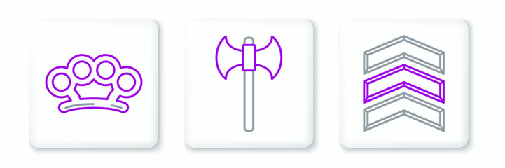 Set line Military rank, Brass knuckles and Medieval axe icon. Vector