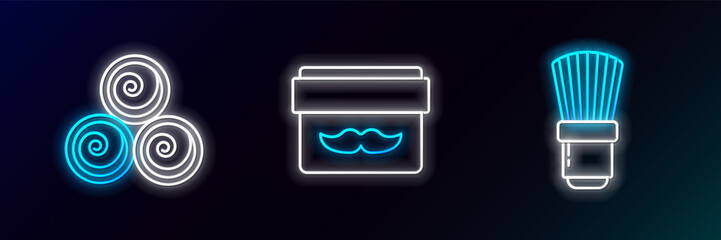 Set line Shaving brush, Towel rolls and Cream or lotion cosmetic jar icon. Glowing neon. Vector